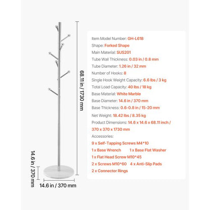 Coat hanger Freestanding coat hanger with stable marble base and 8 hooks | EU