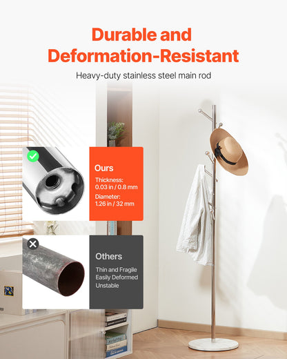 Coat Rack, Freestanding Coats Rack Stand with Stable Marble Base & 8 Hooks, Free Standing Hall Coat Tree for Entryway, Bedroom, Office, Living Room, Modern Clothes Hanger for Coats, Hats, Bags