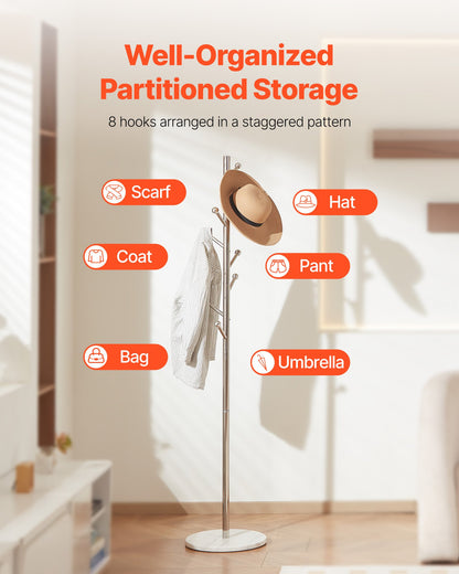 Coat Rack, Freestanding Coats Rack Stand with Stable Marble Base & 8 Hooks, Free Standing Hall Coat Tree for Entryway, Bedroom, Office, Living Room, Modern Clothes Hanger for Coats, Hats, Bags