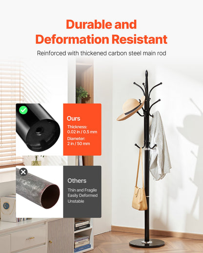 Coat Rack Freestanding, Coats Tree Stand with Stable Marble Base & 6 Hooks, Free Standing Hall Coat Rack for Entryway, Bedroom, Office, Living Room, Modern Clothes Hanger for Coats, Hats, Bags