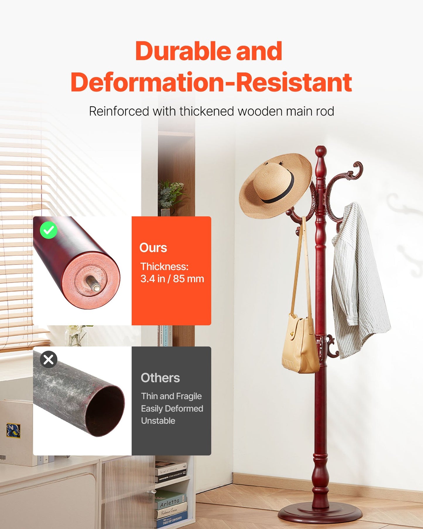 Coat Rack Freestanding, Wooden Coats Rack Stand with Weighted Base & 11 Hooks, Free Standing Hall Coat Tree for Entryway, Bedroom, Living Room, Modern Clothes Hanger Stand for Coats, Hats, Bag