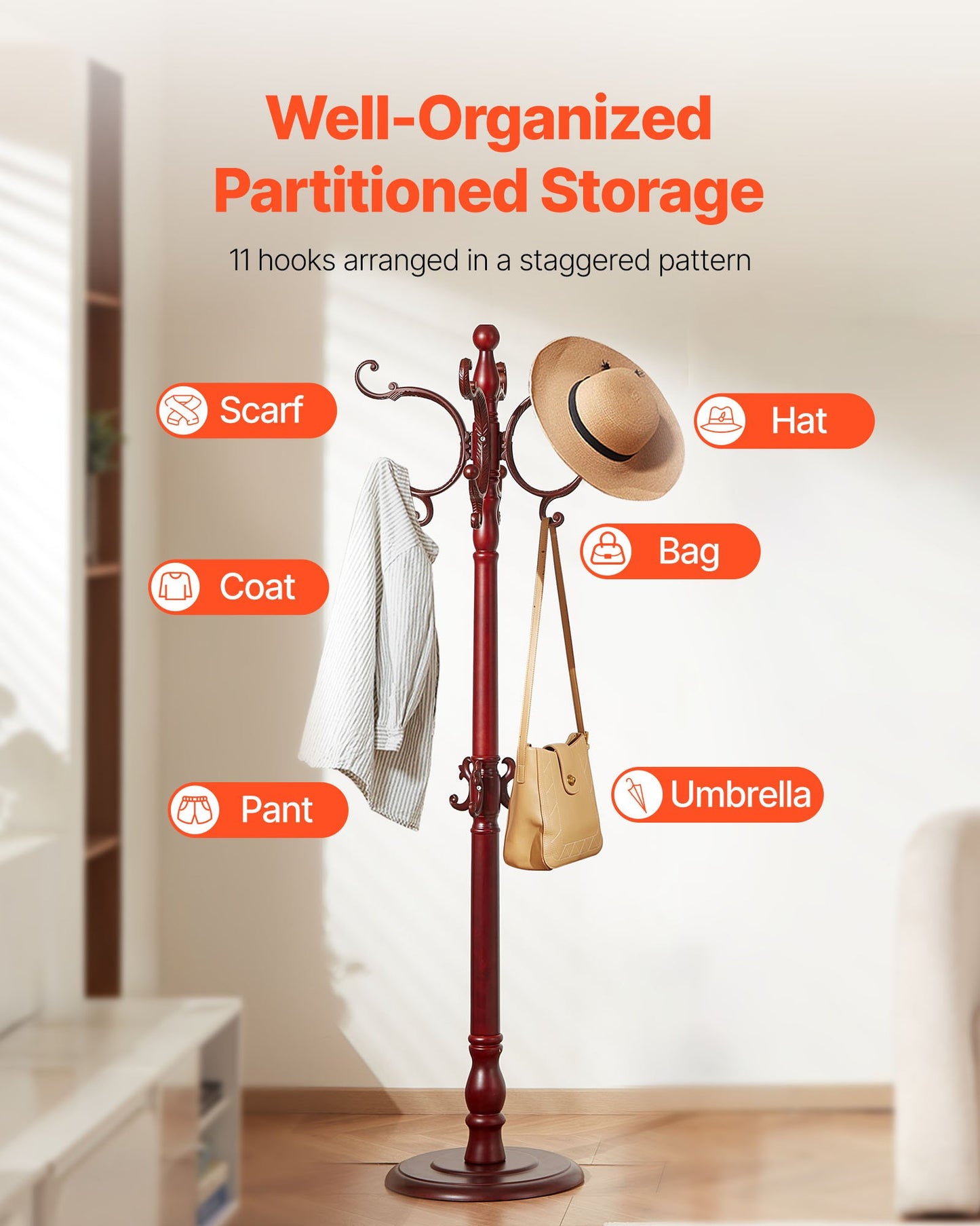 Coat Rack Freestanding, Wooden Coats Rack Stand with Weighted Base & 11 Hooks, Free Standing Hall Coat Tree for Entryway, Bedroom, Living Room, Modern Clothes Hanger Stand for Coats, Hats, Bag