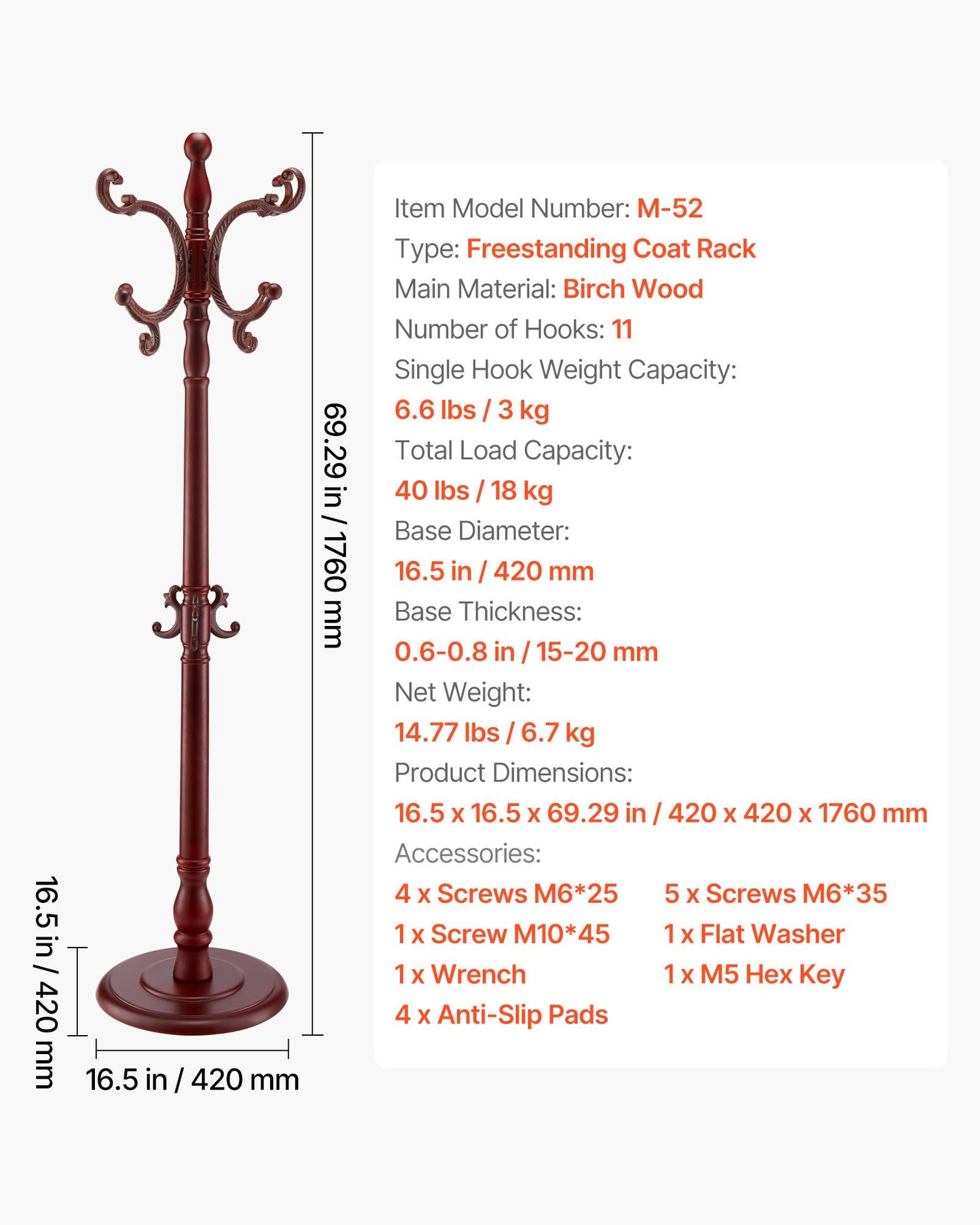 Coat Rack Freestanding, Wooden Coats Rack Stand with Weighted Base & 11 Hooks, Free Standing Hall Coat Tree for Entryway, Bedroom, Living Room, Modern Clothes Hanger Stand for Coats, Hats, Bag