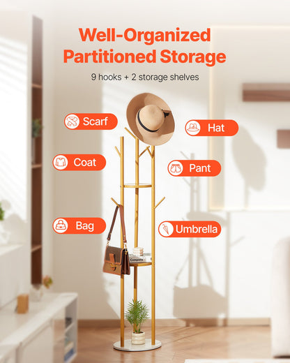 Coat Rack, Freestanding Coat Rack Stand with Quartz Stone Base & 9 Hooks, Free Standing Hall Coat Tree for Entryway, Bedroom, Office, Living Room, Modern Clothes Hanger for Coat, Hat, Scarf, Bag