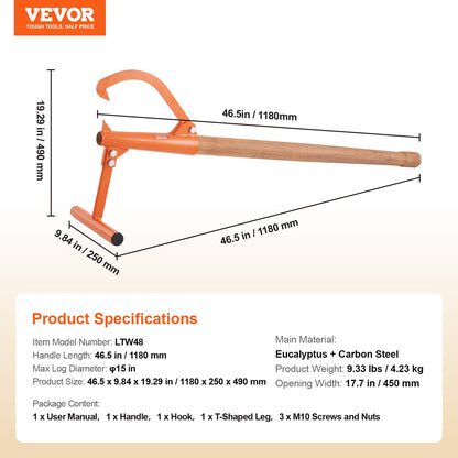 Timberjack 46,5 Zoll Hochleistungs-Holzheber mit Holzgriff für Holzscheite mit max. 15 Zoll Durchmesser
