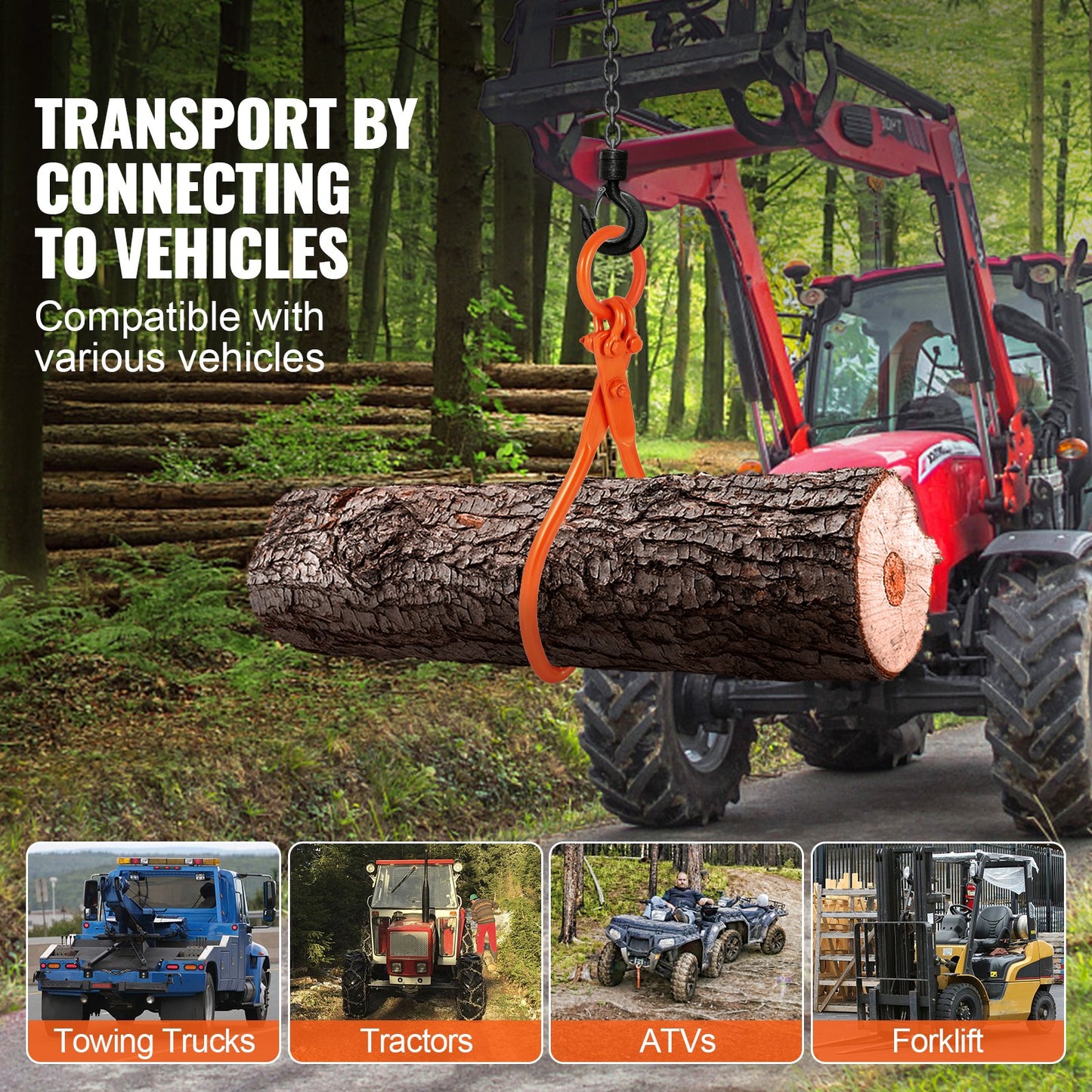 Log Winch, 18 Inch 2-Claw Log Winch, Heavy Duty Steel Log Winch, 772 lbs/350 kg Load Capacity, Log Lifting, Handling, Towing and Carrying Tool