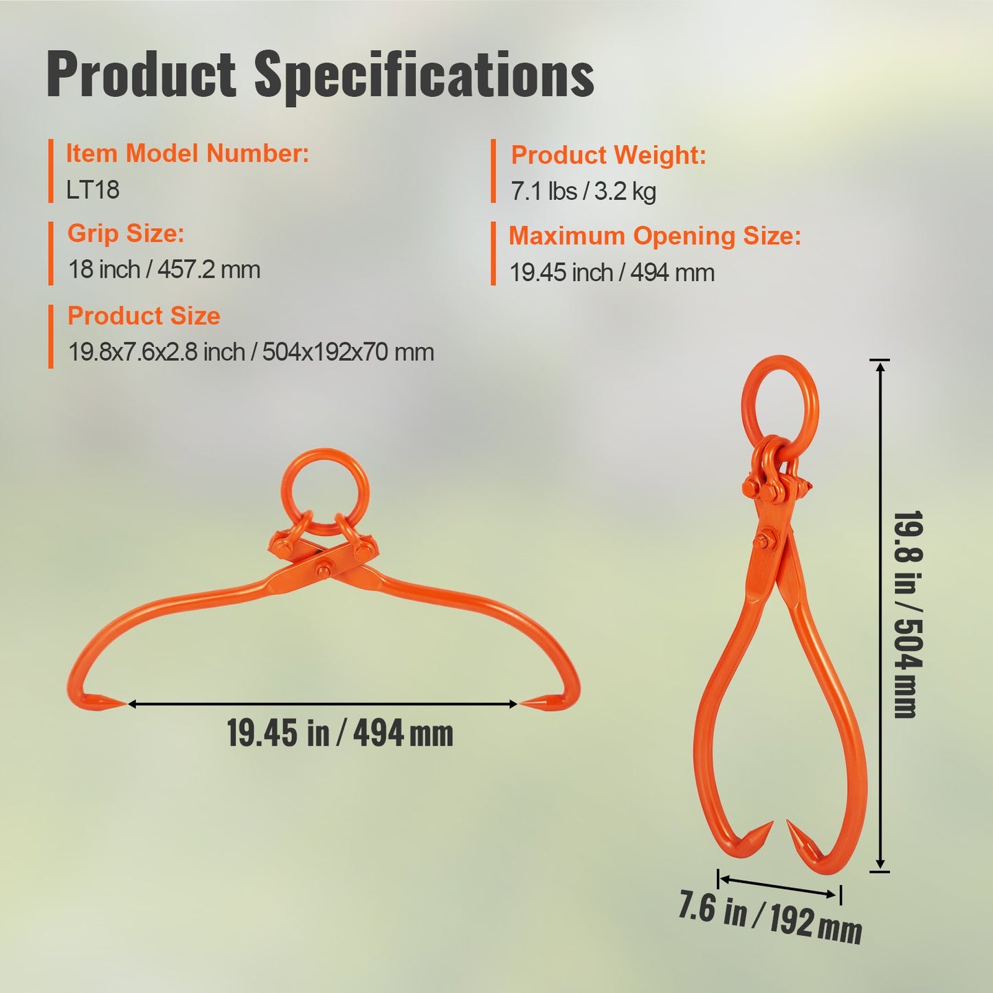 Log Winch, 18 Inch 2-Claw Log Winch, Heavy Duty Steel Log Winch, 772 lbs/350 kg Load Capacity, Log Lifting, Handling, Towing and Carrying Tool