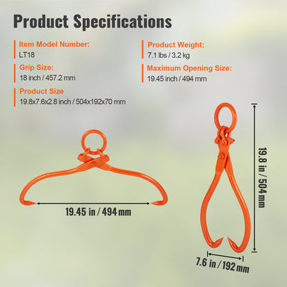 Log Winch, 18 Inch 2-Claw Log Winch, Heavy Duty Steel Log Winch, 772 lbs/350 kg Load Capacity, Log Lifting, Handling, Towing and Carrying Tool