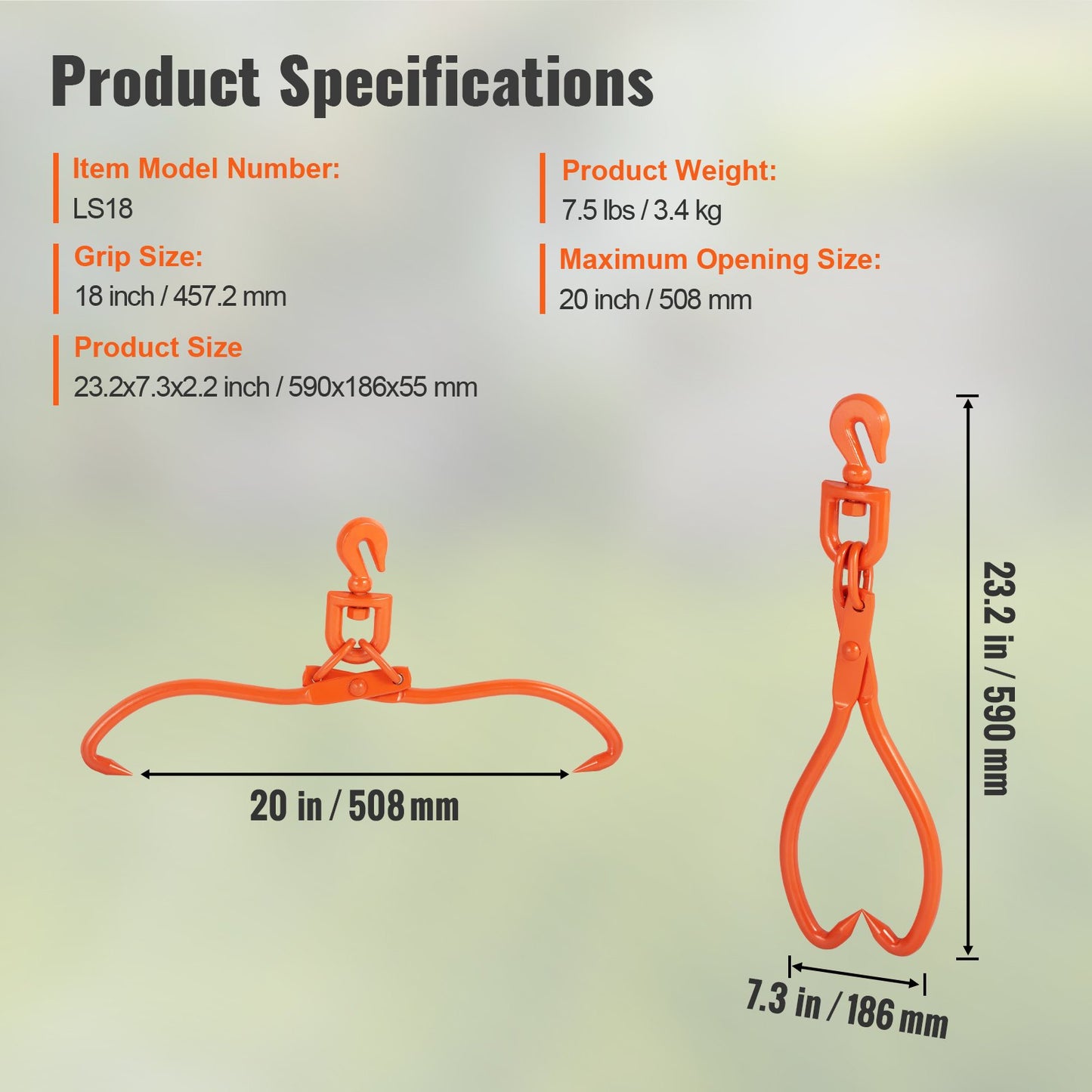 Slirtång för stockar, 18 tums 2-klolyfttänger för stockar, släptänger för kraftigt roterande stålvirke, 772 lbs/350 kg Lastkapacitet, stocklyft, hantering, släpning och bärverktyg