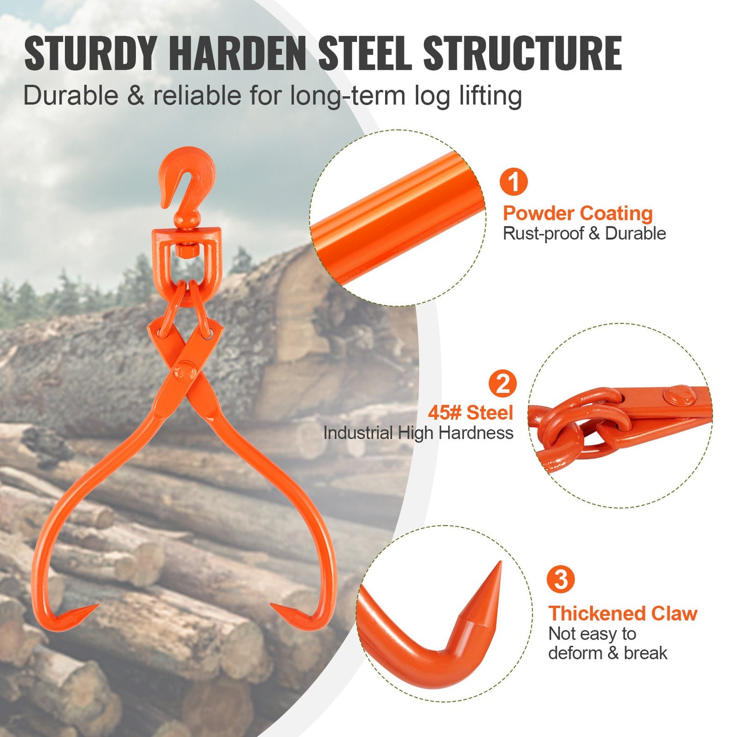 Log Skidding Tongs, 18 inch 2 Claw Log Lifting Tongs, Heavy Duty Rotating Steel Lumber Skidding Tongs, 772 lbs/350 kg Loading Capacity, Log Lifting, Handling, Dragging & Carrying Tool