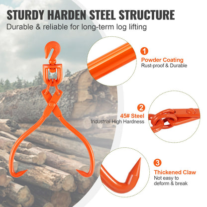 Log Skidding Tongs, 18 inch 2 Claw Log Lifting Tongs, Heavy Duty Rotating Steel Lumber Skidding Tongs, 772 lbs/350 kg Loading Capacity, Log Lifting, Handling, Dragging & Carrying Tool