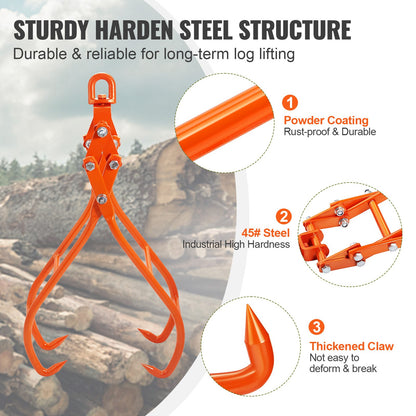 Timber Claw Hook, 28 inch 4 Claw Log Grapple for Logging Tongs, Swivel Steel Log Lifting Tongs, Eagle Claws Design with 2205 lbs/1000 kg Loading Capacity for Tractors, ATVs, Trucks, Forklifts