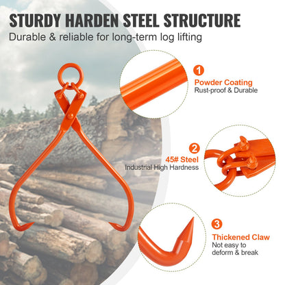 Log Skidding Tongs, 32 inch 2 Claw Log Lifting Tongs, Heavy Duty Steel Lumber Skidding Tongs, 1543 lbs/700 kg Loading Capacity, Log Lifting, Handling, Dragging & Carrying Tool