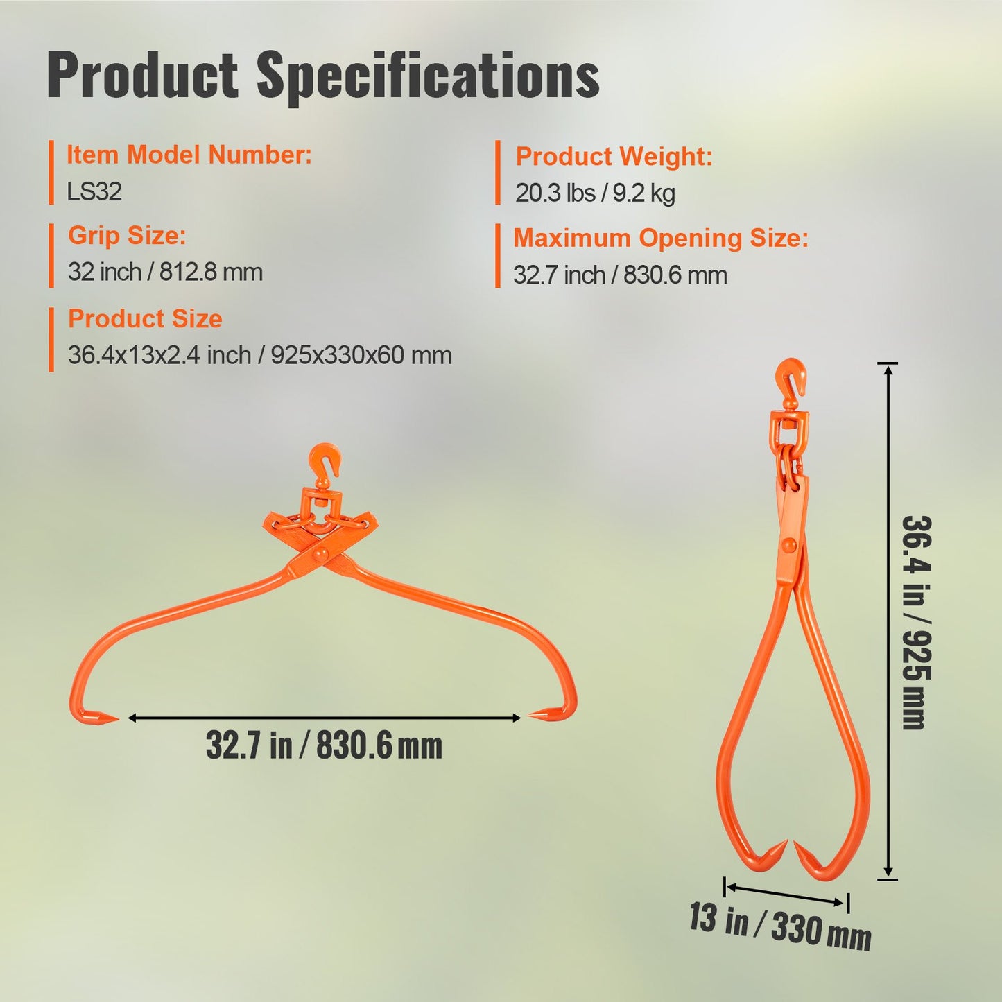 Log Skidding Tongs, 32 inch 2 Claw Log Lifting Tongs, Heavy Duty Rotating Steel Lumber Skidding Tongs, 1543 lbs/700 kg Loading Capacity, Log Lifting, Handling, Dragging & Carrying Tool