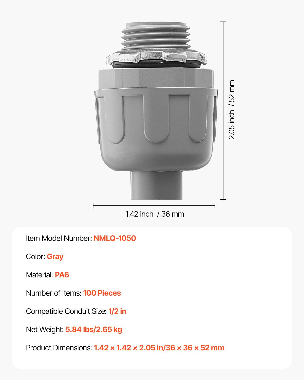 1/2 in 100 pcs Liquid Tight Connector Non-Metallic Conduit Fitting Connector