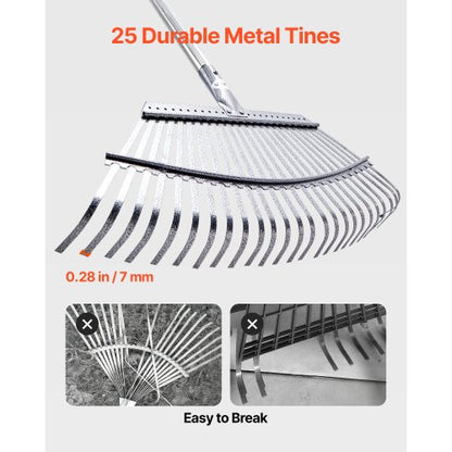 Lövkratta, 25 metallpinnar, justerbar trädgårdskratta för gräsmattor med 46,5 cm brett huvud och 92,5-185 cm långt handtag, kraftigt rostfritt stålverktyg för små löv för trädgårdsskötsel, camping, gårdsplan, gräs |  EU