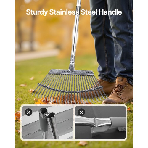 Lövkratta, 25 metallpinnar, justerbar trädgårdskratta för gräsmattor med 46,5 cm brett huvud och 92,5-185 cm långt handtag, kraftigt rostfritt stålverktyg för små löv för trädgårdsskötsel, camping, gårdsplan, gräs |  EU