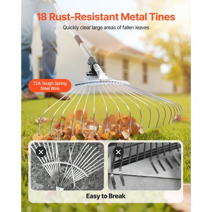 Lövkratta, 18 metallpinnar, justerbar trädgårdskratta för gräsmattor med 19,5-43,5 cm brett huvud och 82-141 cm långt handtag, kraftigt rostfritt stålverktyg för små löv för trädgårdsskötsel, camping, gårdsplan, gräs |  EU