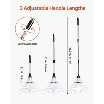 Lövkratta, 18 metallpinnar, justerbar trädgårdskratta för gräsmattor med 19,5-43,5 cm brett huvud och 82-141 cm långt handtag, kraftigt rostfritt stålverktyg för små löv för trädgårdsskötsel, camping, gårdsplan, gräs |  EU