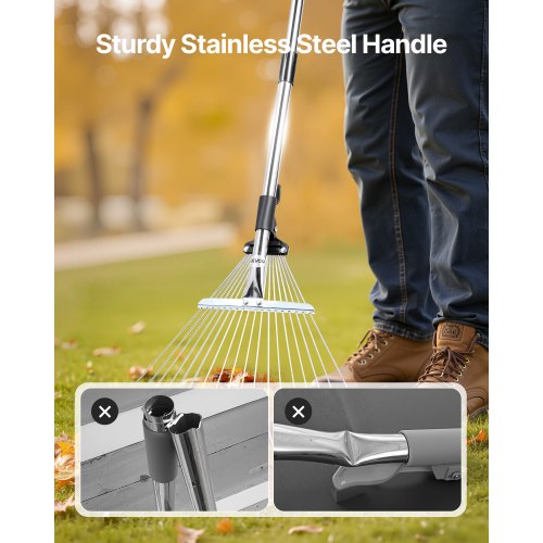 Lövkratta, 18 metallpinnar, justerbar trädgårdskratta för gräsmattor med 19,5-43,5 cm brett huvud och 82-141 cm långt handtag, kraftigt rostfritt stålverktyg för små löv för trädgårdsskötsel, camping, gårdsplan, gräs |  EU