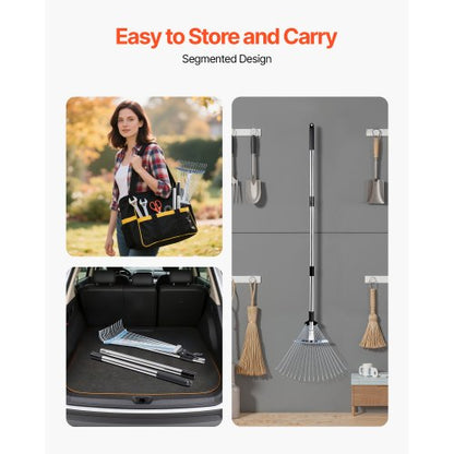 Lövkratta, 18 metallpinnar, justerbar trädgårdskratta för gräsmattor med 19,5-43,5 cm brett huvud och 82-141 cm långt handtag, kraftigt rostfritt stålverktyg för små löv för trädgårdsskötsel, camping, gårdsplan, gräs |  EU