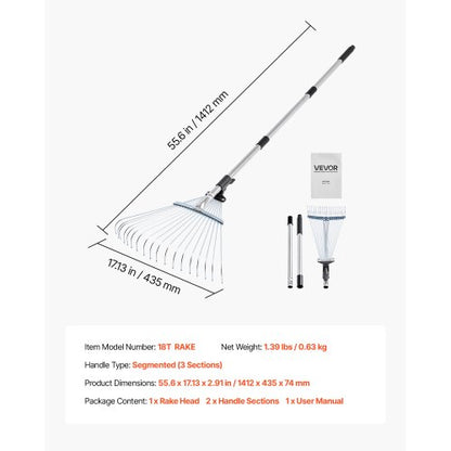 Lövkratta, 18 metallpinnar, justerbar trädgårdskratta för gräsmattor med 19,5-43,5 cm brett huvud och 82-141 cm långt handtag, kraftigt rostfritt stålverktyg för små löv för trädgårdsskötsel, camping, gårdsplan, gräs |  EU