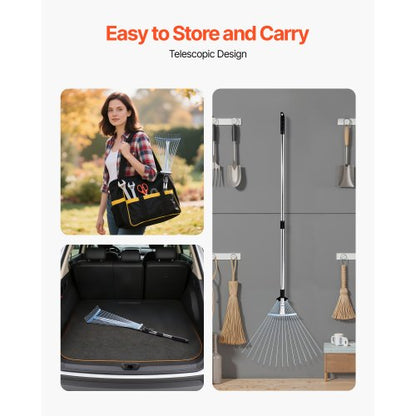 Lövkratta, 15 metallpinnar, justerbar trädgårdskratta för gräsmattor med 19-57 cm brett huvud och 81,3-160 cm långt handtag, kraftigt rostfritt stålverktyg för små löv för trädgårdsskötsel, camping, gårdsplan, gräs |  EU