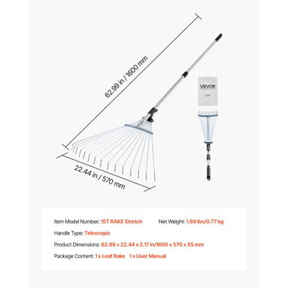Lövkratta, 15 metallpinnar, justerbar trädgårdskratta för gräsmattor med 19-57 cm brett huvud och 81,3-160 cm långt handtag, kraftigt rostfritt stålverktyg för små löv för trädgårdsskötsel, camping, gårdsplan, gräs |  EU