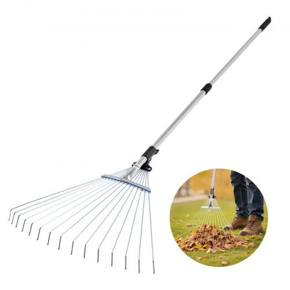 Lövkratta, 15 metallpinnar, justerbar trädgårdskratta för gräsmattor med 19-57 cm brett huvud och 81,3-160 cm långt handtag, kraftigt rostfritt stålverktyg för små löv för trädgårdsskötsel, camping, gårdsplan, gräs |  EU