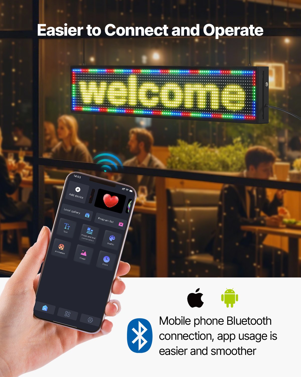 Programmable LED Sign, P10 Full Color Flexible Digital Scrolling Panel, DIY Custom Text Pattern GIF Display Board, Bluetooth APP Control Message Shop Sign for Store Business Advertising, 40x8 in