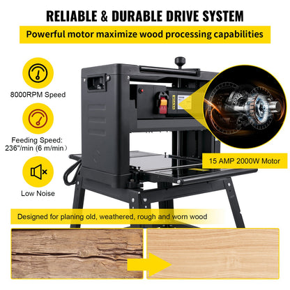 Thickness Planer 12.5 inch Wood Planer Foldable 1500W Thickness Planer Woodworking 315\"/min Feed Rate Double Cutter Benchtop Thickness Planer with Dust Exhaust Interface Stand for Woodworking