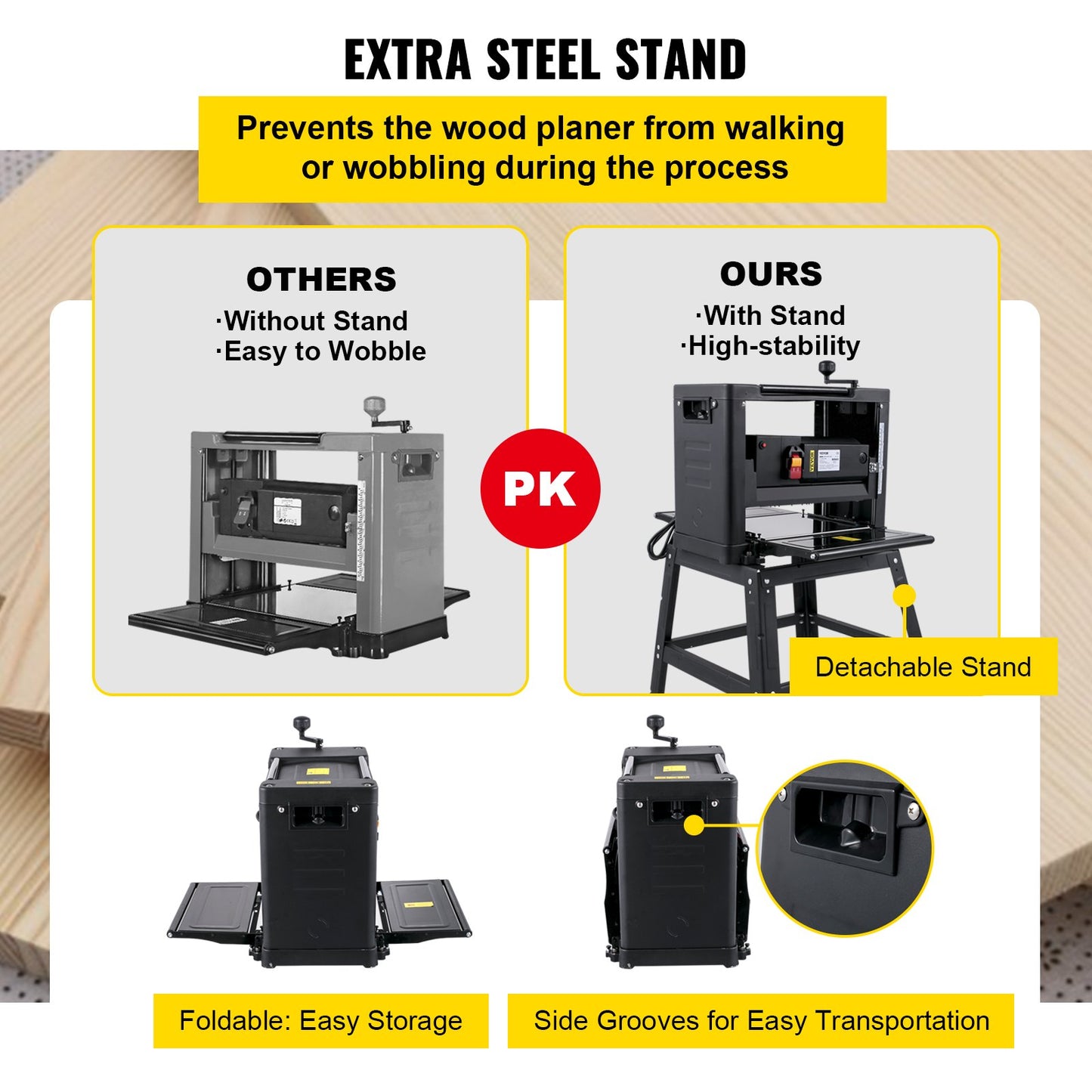 Thickness Planer 12.5 inch Wood Planer Foldable 1500W Thickness Planer Woodworking 315\"/min Feed Rate Double Cutter Benchtop Thickness Planer with Dust Exhaust Interface Stand for Woodworking