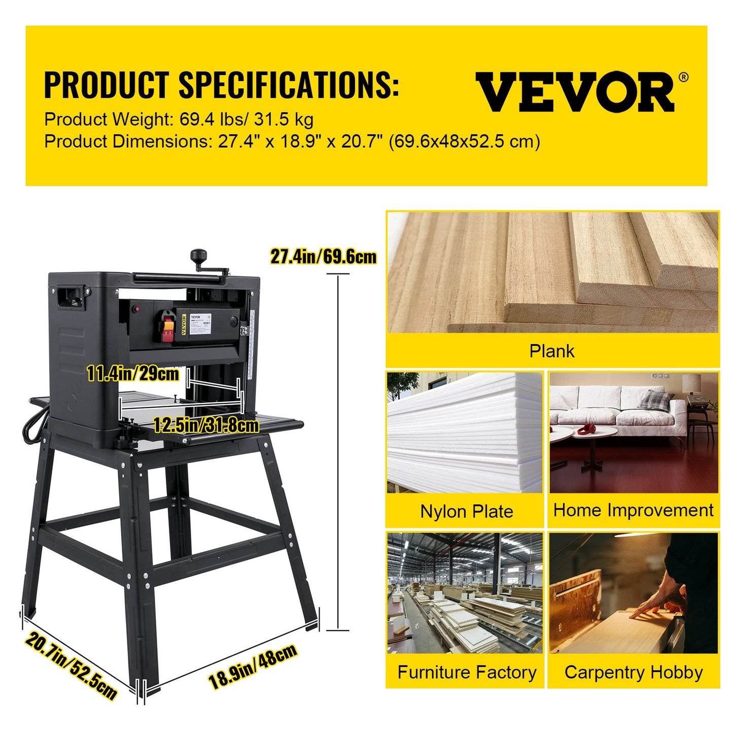 Thickness Planer 12.5 inch Wood Planer Foldable 1500W Thickness Planer Woodworking 315\"/min Feed Rate Double Cutter Benchtop Thickness Planer with Dust Exhaust Interface Stand for Woodworking