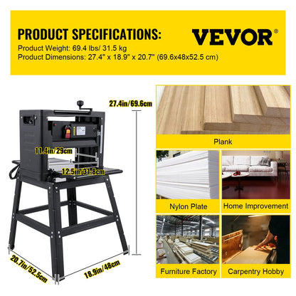 Thickness Planer 12.5 inch Wood Planer Foldable 1500W Thickness Planer Woodworking 315\"/min Feed Rate Double Cutter Benchtop Thickness Planer with Dust Exhaust Interface Stand for Woodworking