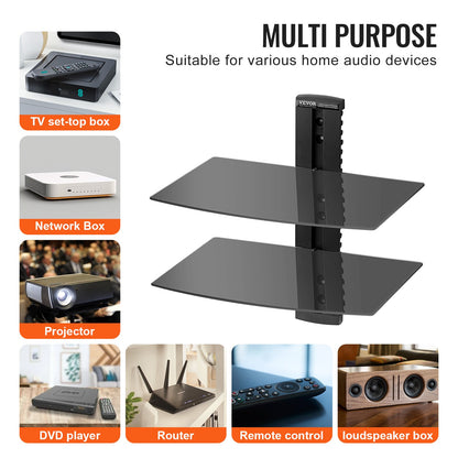 2-stufige schwebende Glasregale halten bis zu 18 Pfund TV-Wandhalterung mit Regal