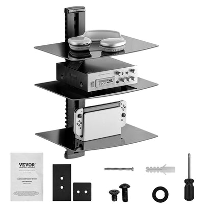 Glass Floating Shelves, Holds up to 18 lbs, TV Wall Mount with Shelf，Strengthened Floating Entertainment Center for DVD Players / PS4 / Cable Boxes/Game Consoles/Sky Box/TV Accessories-3 Tiers