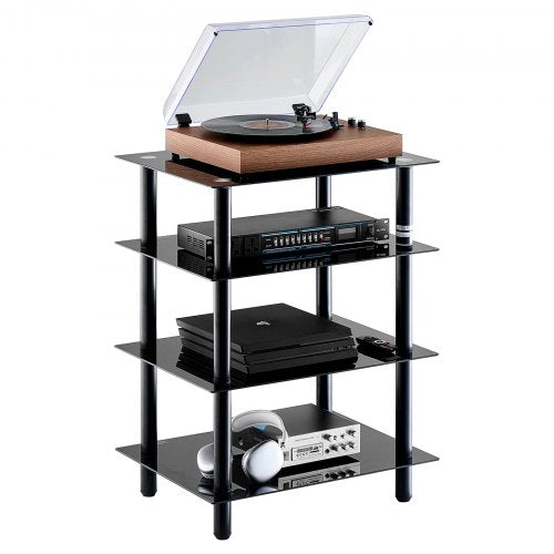 4-Tier AV Media Stand, Audio/Video Stand with Strengthened Tempered Glass Shevles for DVD/Cable Boxes/Games Consoles, Media Storage Cabinet for Gaming/Recording Room