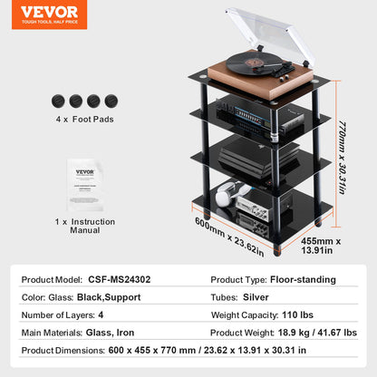 4-Tier AV Media Stand Reinforced Tempered Glass Audio/Video Stand Shelf