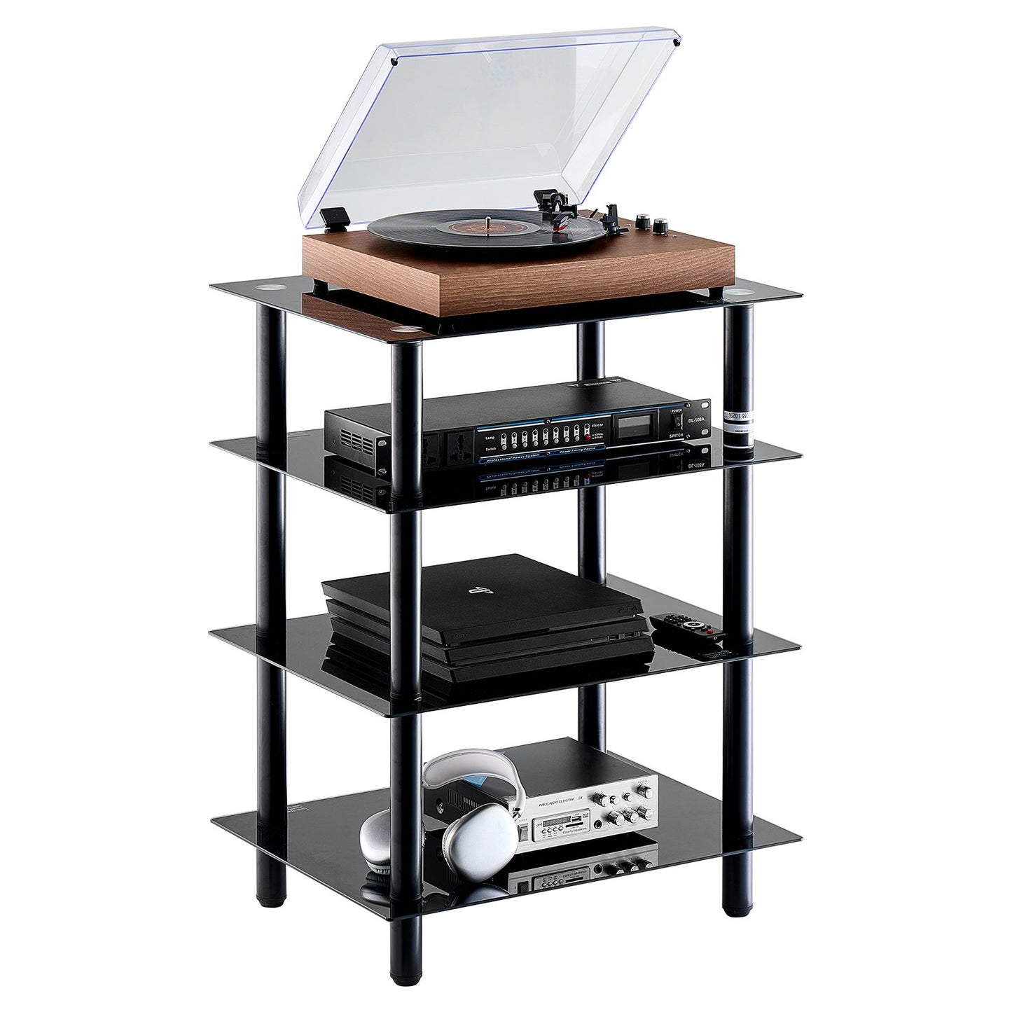 4-Tier AV Media Stand Reinforced Tempered Glass Audio/Video Stand Shelf