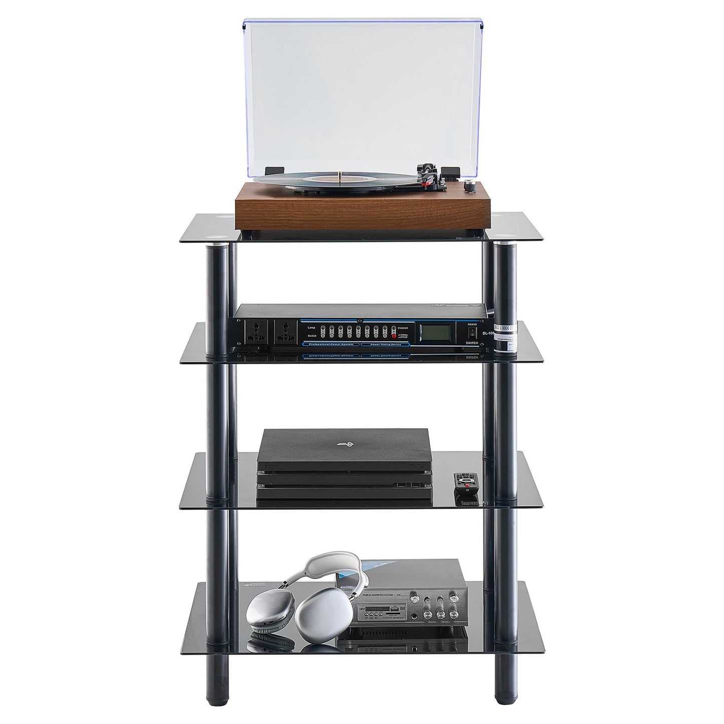 4-Tier AV Media Stand Reinforced Tempered Glass Audio/Video Stand Shelf