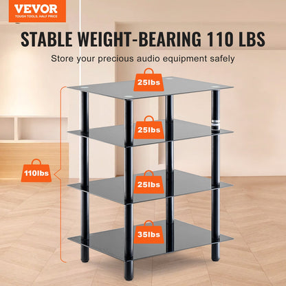 4-Tier AV Media Stand, Audio/Video Stand with Strengthened Tempered Glass Shevles for DVD/Cable Boxes/Games Consoles, Media Storage Cabinet for Gaming/Recording Room