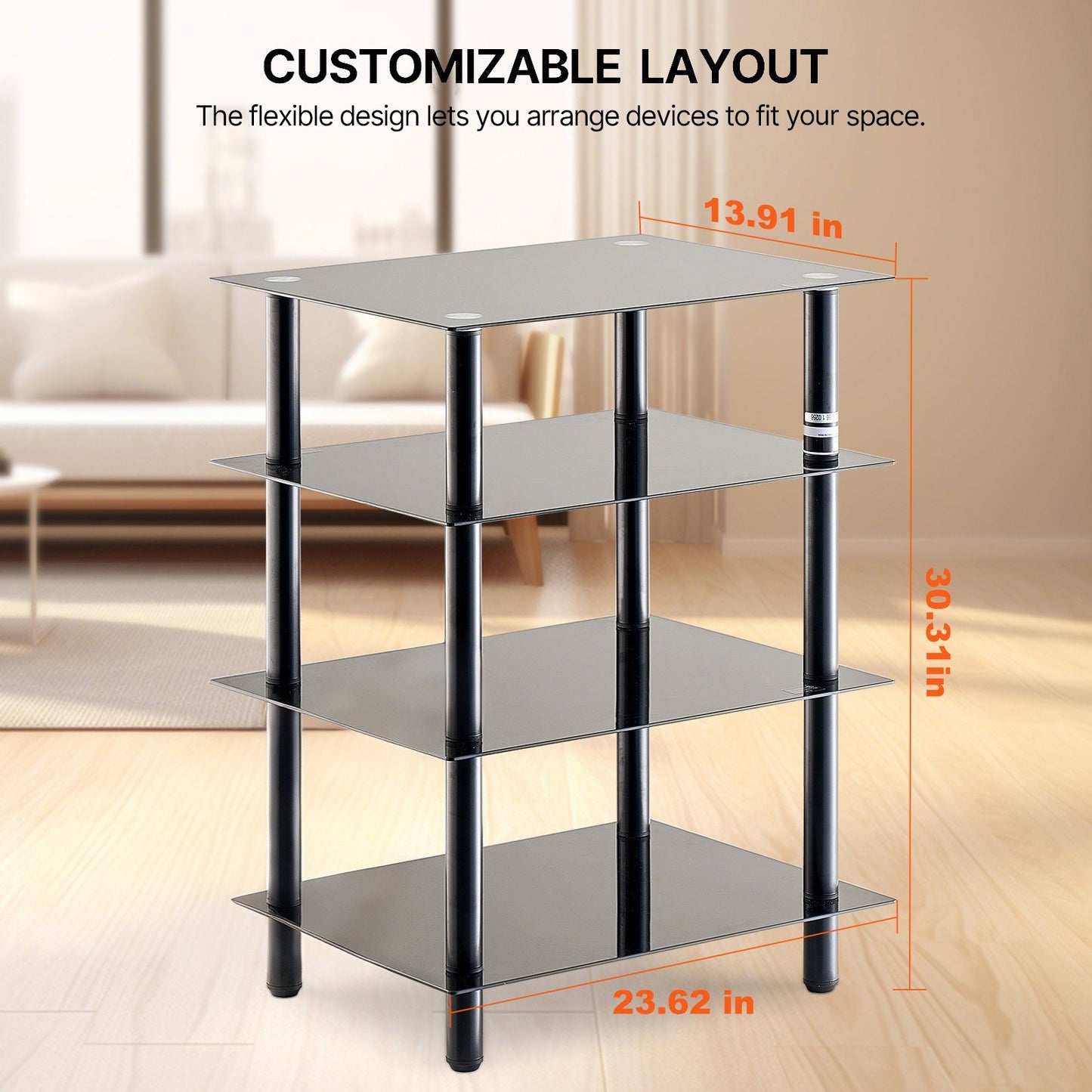 4-Tier AV Media Stand, Audio/Video Stand with Strengthened Tempered Glass Shevles for DVD/Cable Boxes/Games Consoles, Media Storage Cabinet for Gaming/Recording Room