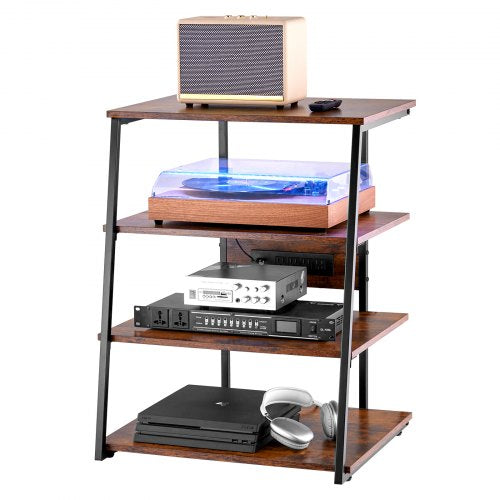 4-Tier AV Media Stand with Power Strips, Corner TV Stand with LED Lights, Height Adjustable Wooden Shelves for DVD Players/Cable Boxes/Games Consoles, Brown