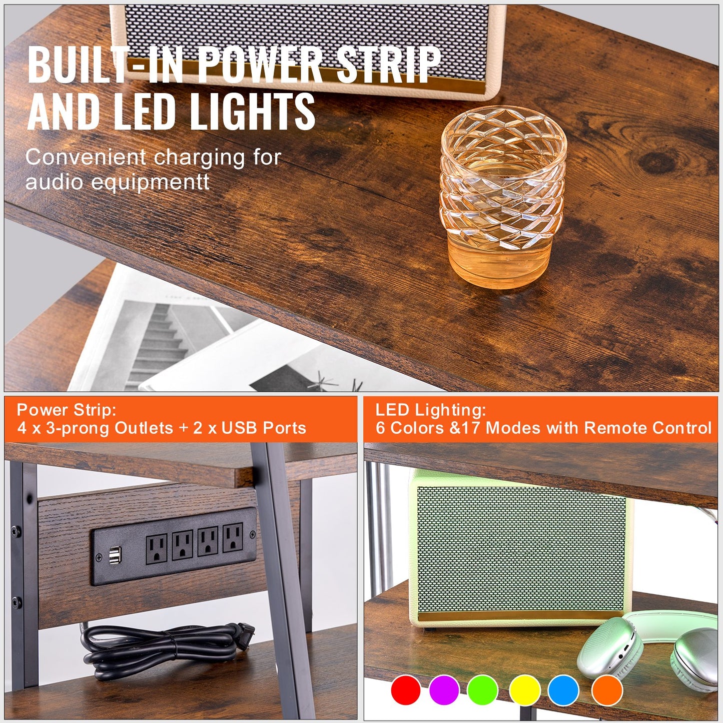 4-Tier AV Media Stand with Power Strips, Corner TV Stand with LED Lights, Height Adjustable Wooden Shelves for DVD Players/Cable Boxes/Games Consoles, Brown