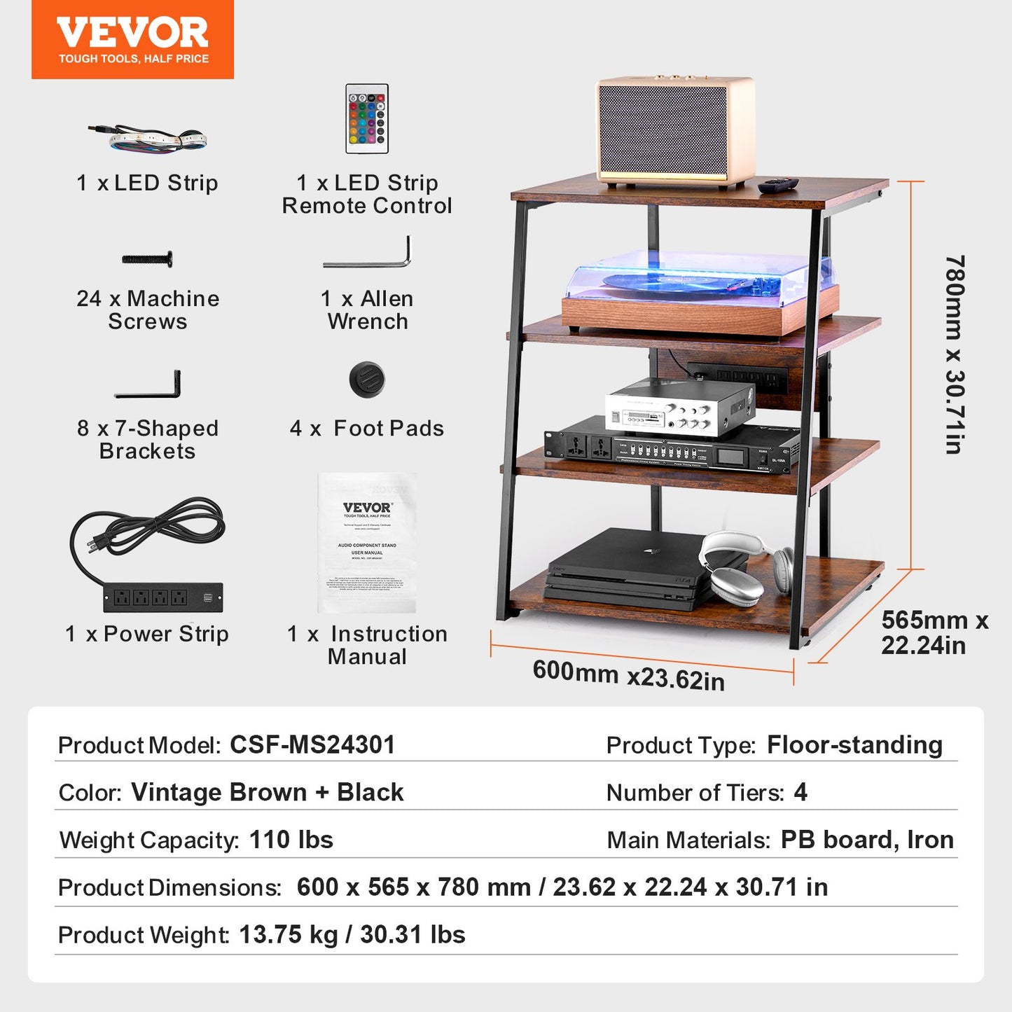 4-Tier AV Media Stand with Power Strips, Corner TV Stand with LED Lights, Height Adjustable Wooden Shelves for DVD Players/Cable Boxes/Games Consoles, Brown