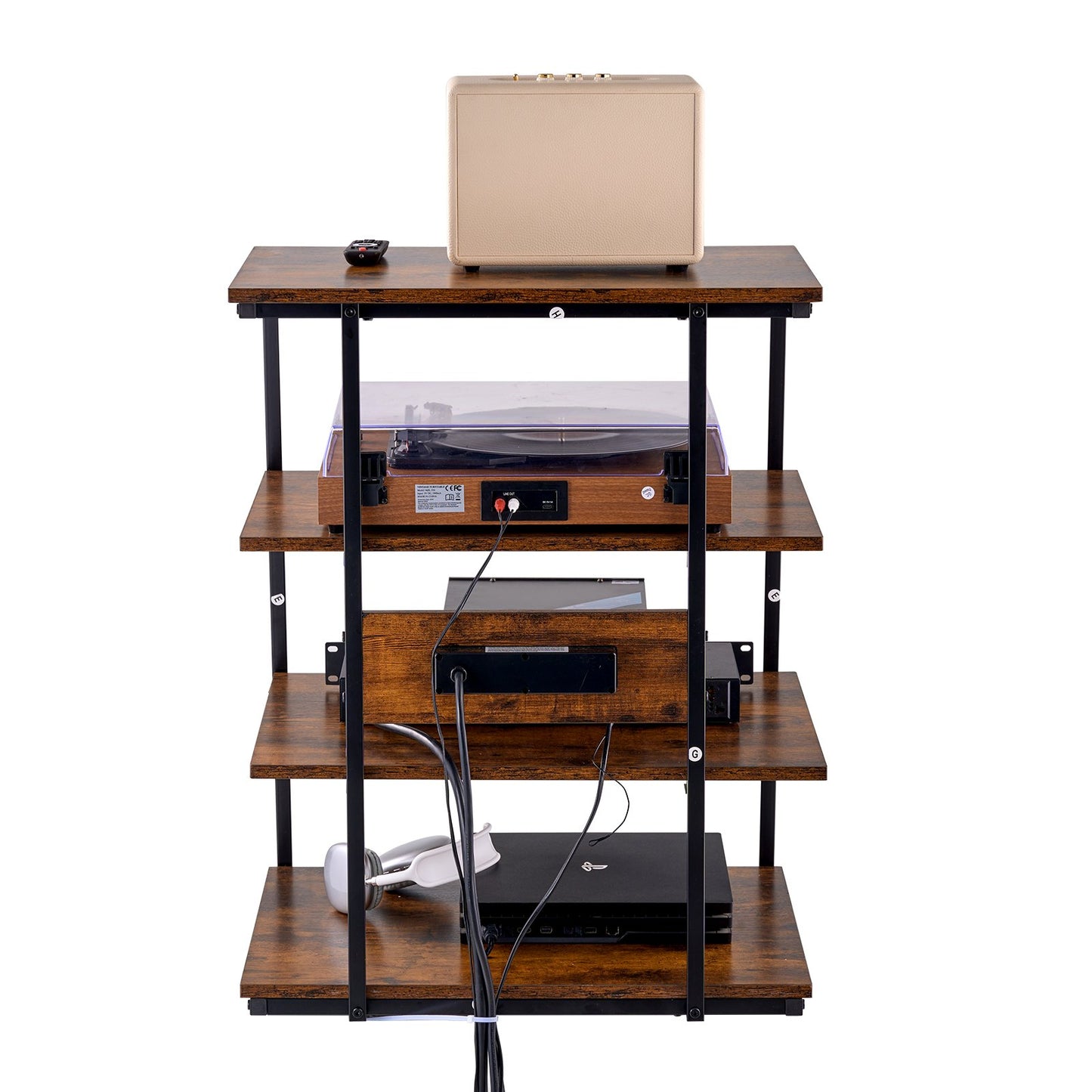 4-Tier AV Media Stand with Power Strips, Corner TV Stand with LED Lights, Height Adjustable Wooden Shelves for DVD Players/Cable Boxes/Games Consoles, Brown