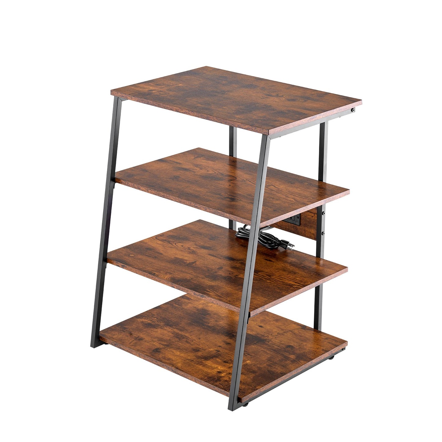 4-Tier AV Media Stand with Power Strips, Corner TV Stand with LED Lights, Height Adjustable Wooden Shelves for DVD Players/Cable Boxes/Games Consoles, Brown