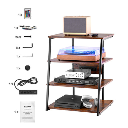 4-Tier AV Media Stand with Power Strips, Corner TV Stand with LED Lights, Height Adjustable Wooden Shelves for DVD Players/Cable Boxes/Games Consoles, Brown