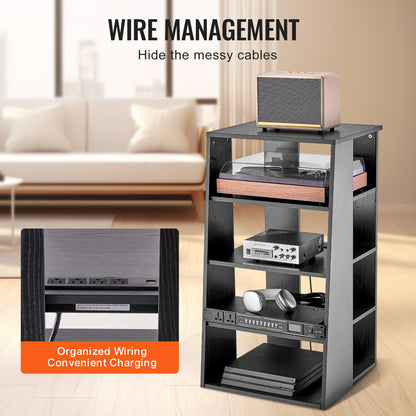 5-Tier AV Media Stand, Wooden Audio-Video Media Stand for DVD Players/Cable Boxes/Games Consoles, Height-Adjustable Media Storage Cabinet for Gaming, Recording Room, Black