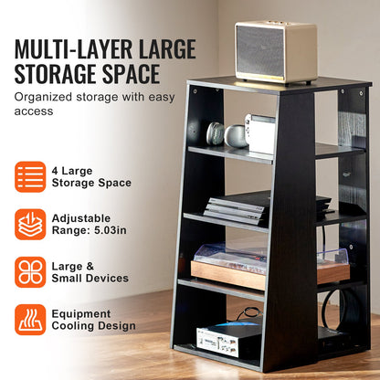 5-Tier AV Media Stand, Wooden Audio-Video Media Stand for DVD Players/Cable Boxes/Games Consoles, Height-Adjustable Media Storage Cabinet for Gaming, Recording Room, Black